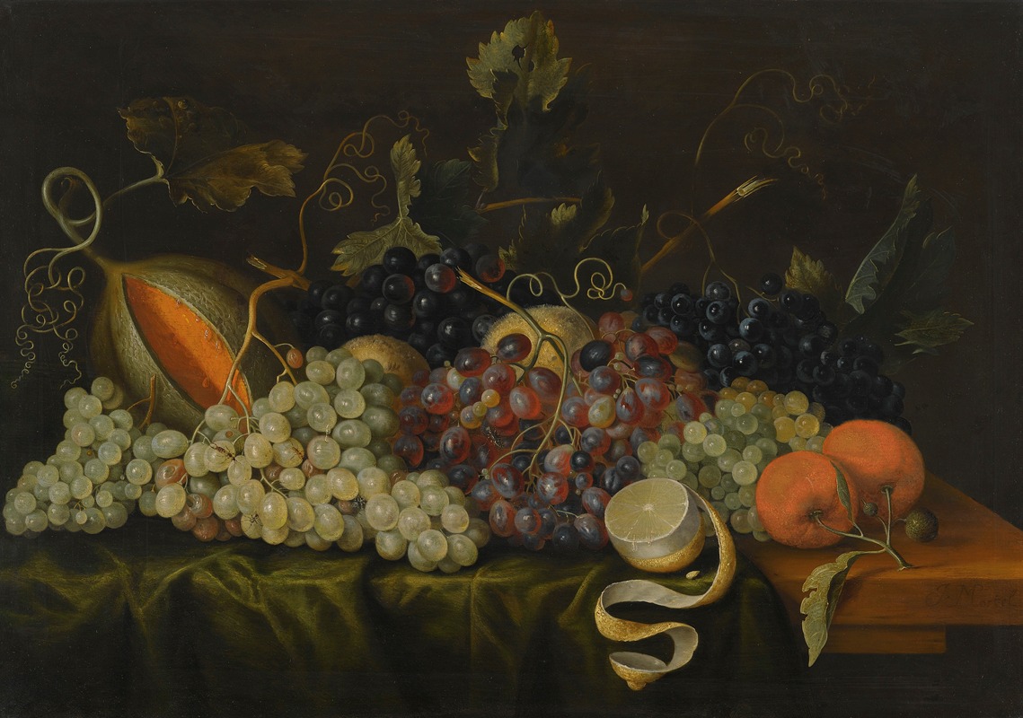 Jacob Marrel - Still Life With Red, Black And Green Grapes On The Vine, Together With Oranges