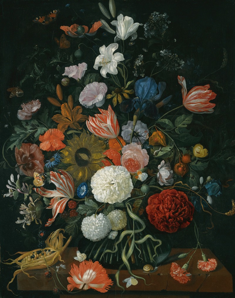 Still Life Of Flowers In A Vase On A Stone Ledge With A Corn Cob And A ...