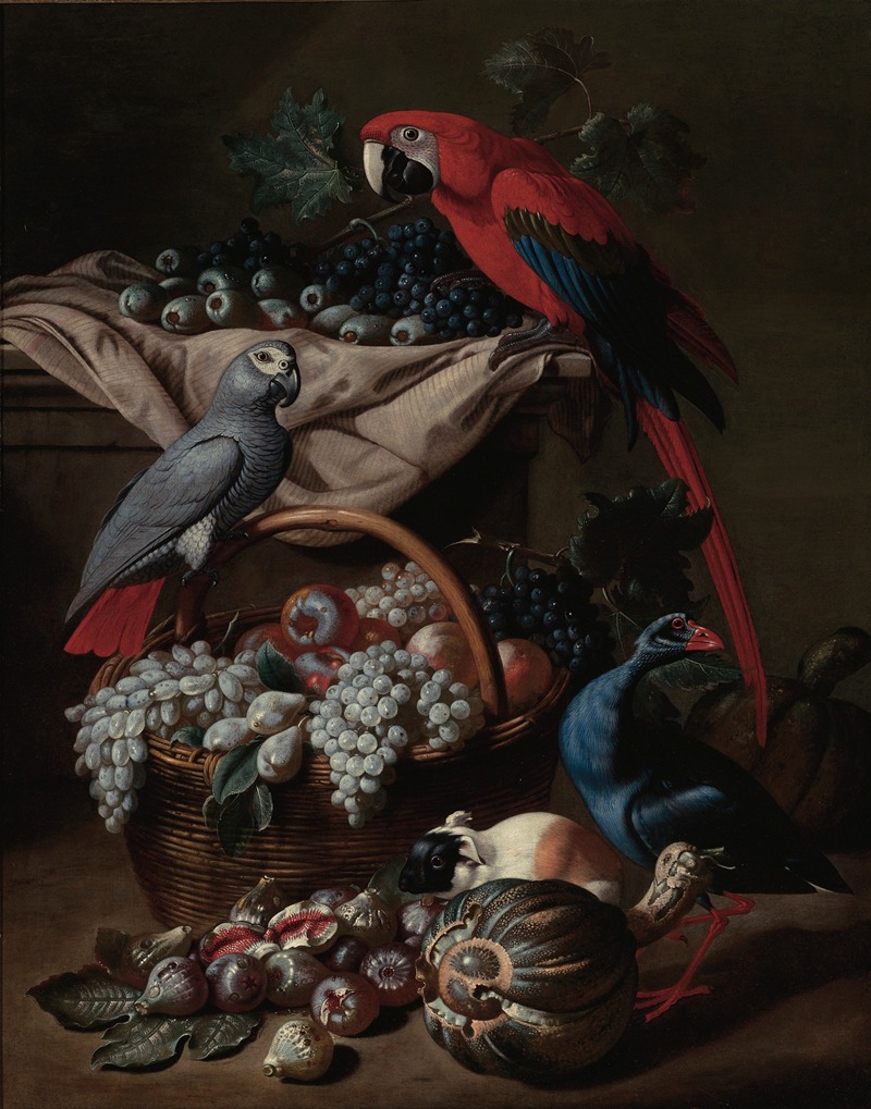Jacob van de Kerckhoven - Still Life With Two Parrots, A Guinea Pig, A Basket Of Fruit And Fowl