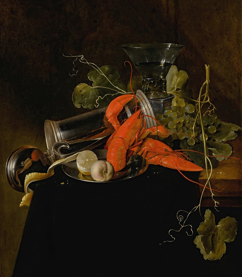Jan Davidsz de Heem - Still life with two lobsters, an overturned tankard, a berkemeier glass, grapes, and a lemon