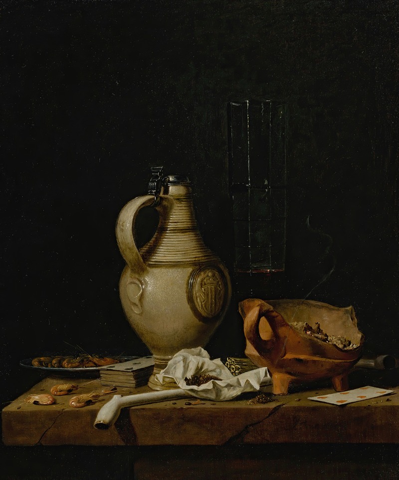 Jan Fris - A Still Life With A Stoneware Jug, A Glass Of Beer, Playing Cards And Smokers’ Requisites