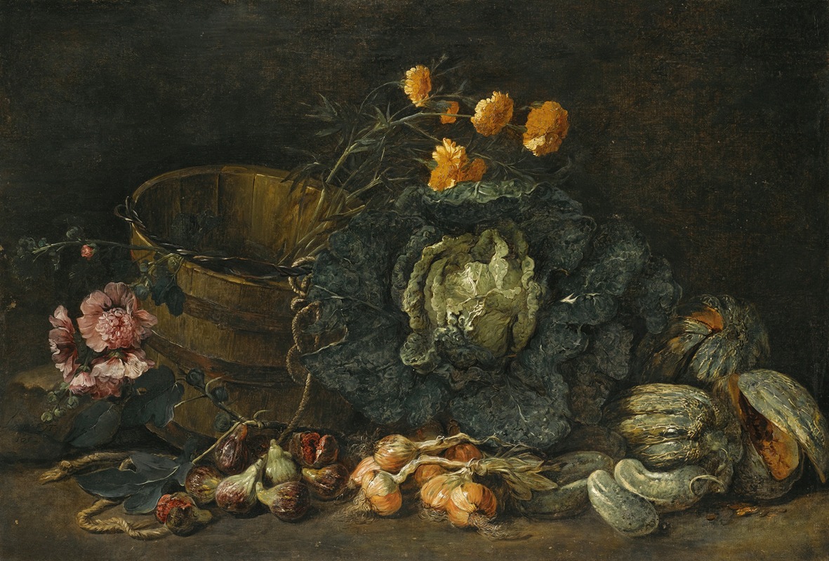 Jan Fyt - Still Life With Onions, Figs, Cucumbers, A Cabbage And Some Flowers Arranged On The Floor Next To A Wooden Tub