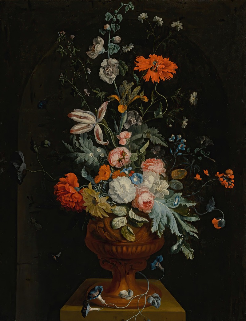 Jan van Huysum - Still Life Of Flowers In A Terracotta Vase Before A Stone Niche