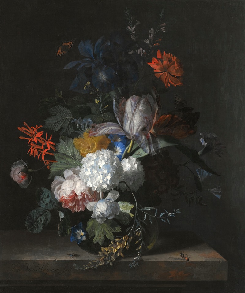 Jan van Huysum - A Still Life With Hydrangea, Convolvulus, Polyanthus, Peonies, Auricula, Carnation, Tulips, Snowballs And Other Flowers In A Glass Vase