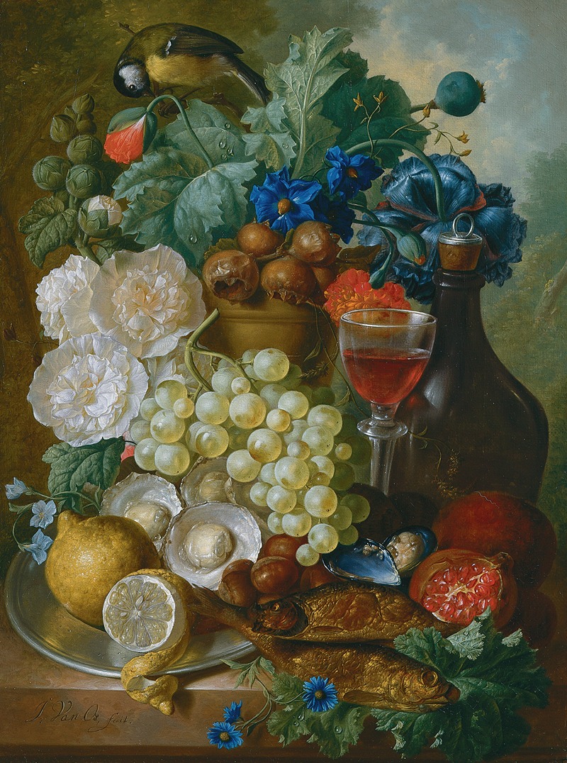 Jan Van Os - Still Life With Fruit And Flowers, Together With Oysters, Mussels, A Glass Of Wine, A Decanter And Other Objects On A Stone Ledge