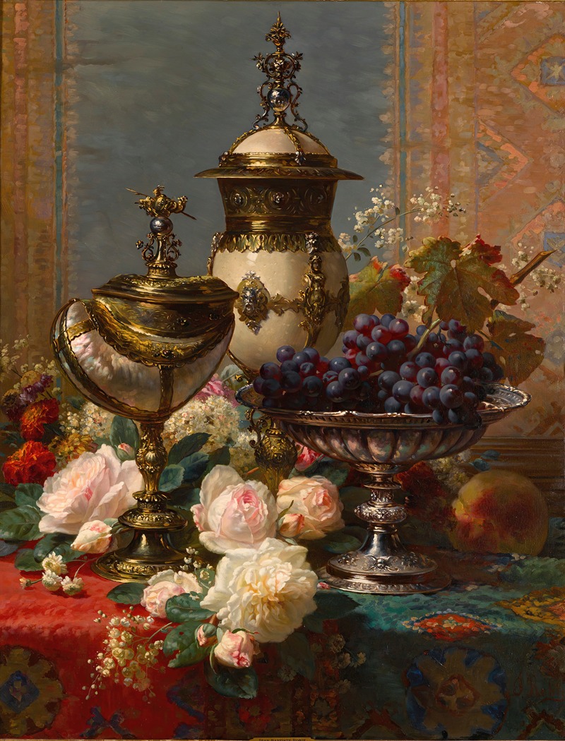 Jean-Baptiste Robie - A Still Life With Roses, Grapes, And A Silver Inlaid Nautilus Shell