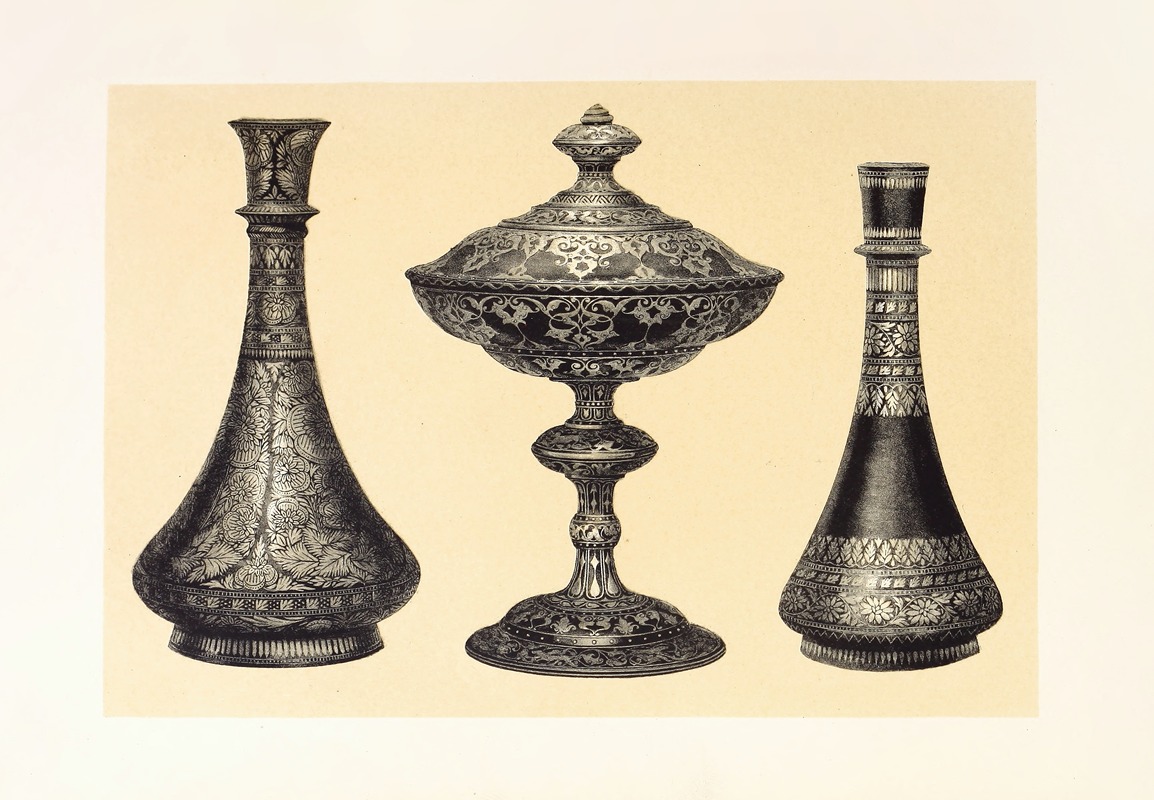 John Charles Robinson - Recent Indian Vases in Oxydised Pewter, Encrusted or Damascened with Silver. Tazza in Wrought Iron, Inlaid with Silver
