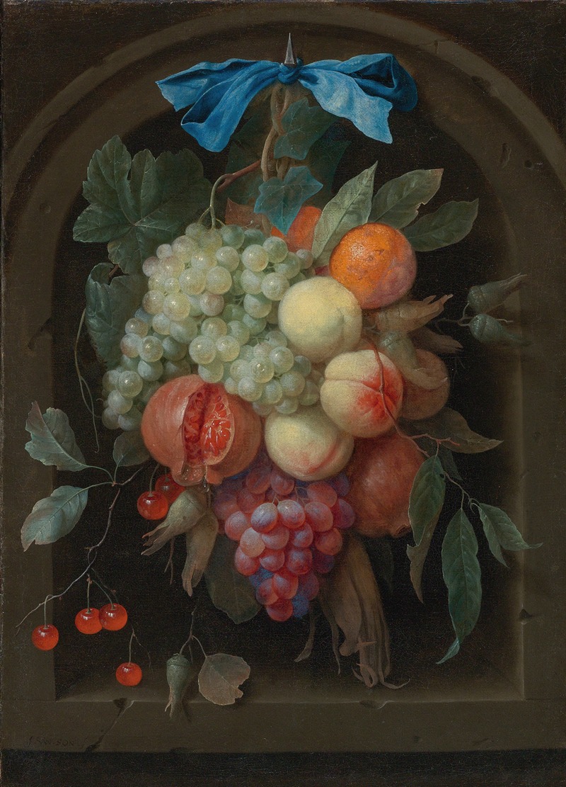 Joris van Son - Still Life Of Grapes, Peaches, A Pomegranate And Other Fruit Hanging From A Nail Before A Stone Niche