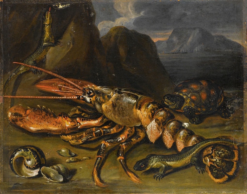 Marco de Caro - Still Life With Lobster, Lizards And Turtle