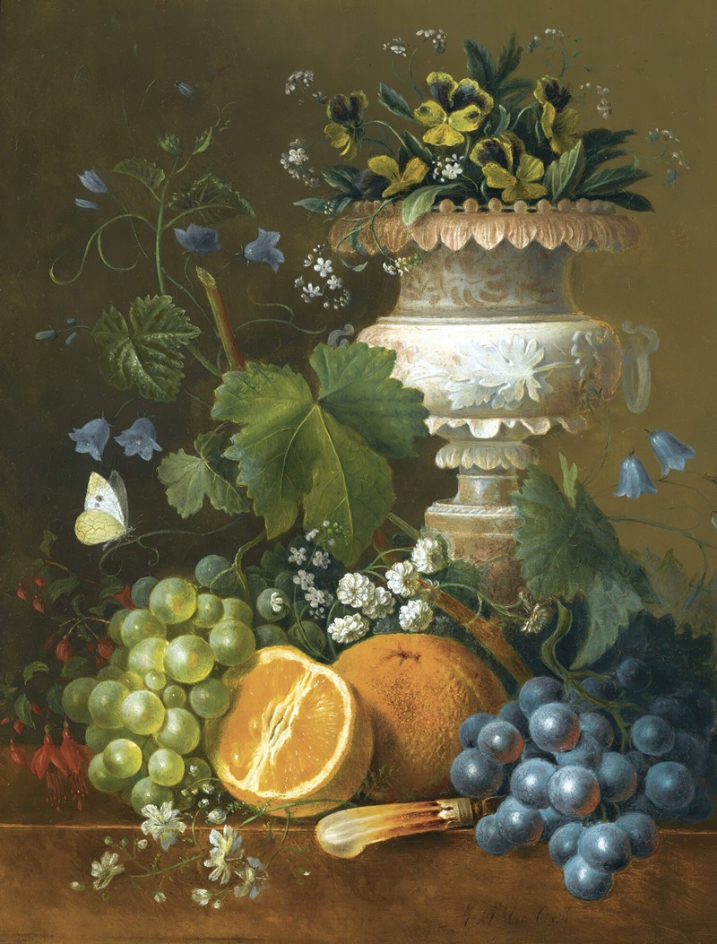 Maria Margrita van Os -  A Still Life With Violets, Grapes And Oranges On A Ledge