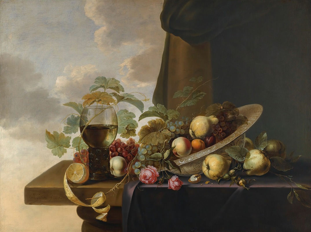 Michiel Simons - A Still Life With Grapes, Pears, A Peach And Roses In A Waanli Kraak Porcelain Bowl, With A Roemer And A Half-Peeled Lemon On A Partly Covered Table Top