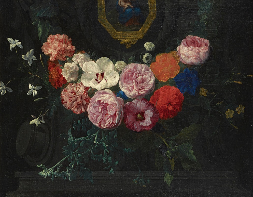 Nicolaes Van Verendael - A Garland Of Flowers Surrounding A Cartouche With The Virgin And Child