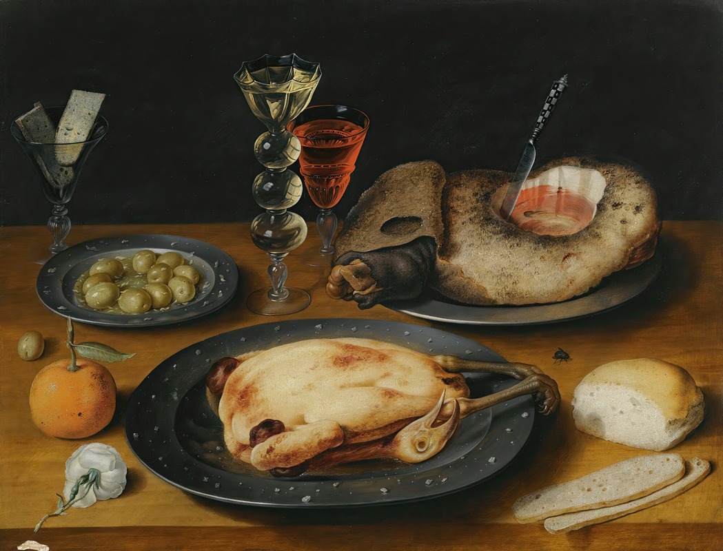 Osias Beert the Elder - A Still Life Of A Roast Chicken, A Ham And Olives On Pewter Plates With A Bread Roll, An Orange, Wineglasses And A Rose On A Wooden Table
