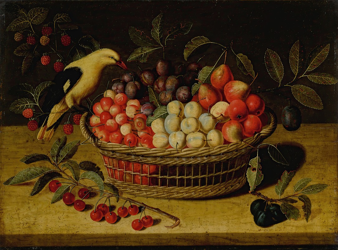 Paul Dorival - Still life with cherries, plums, raspberries and other fruits in a basket, with a yellow bird