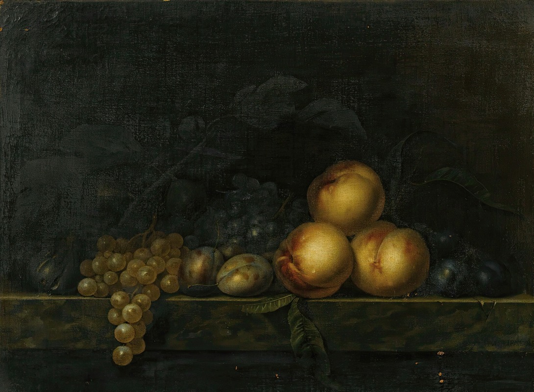 Paul Liégeois - Still life with peaches, plums, grapes and figs on a marble ledge
