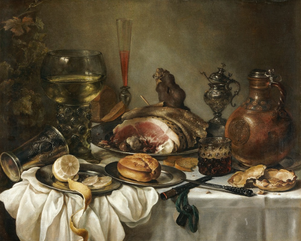 Pieter Claesz - Still Life Of A Roemer, An Earthenware Jug, An Overturned Silver Beaker, A Ham And Other Objects Arranged Upon A Draped Table Top