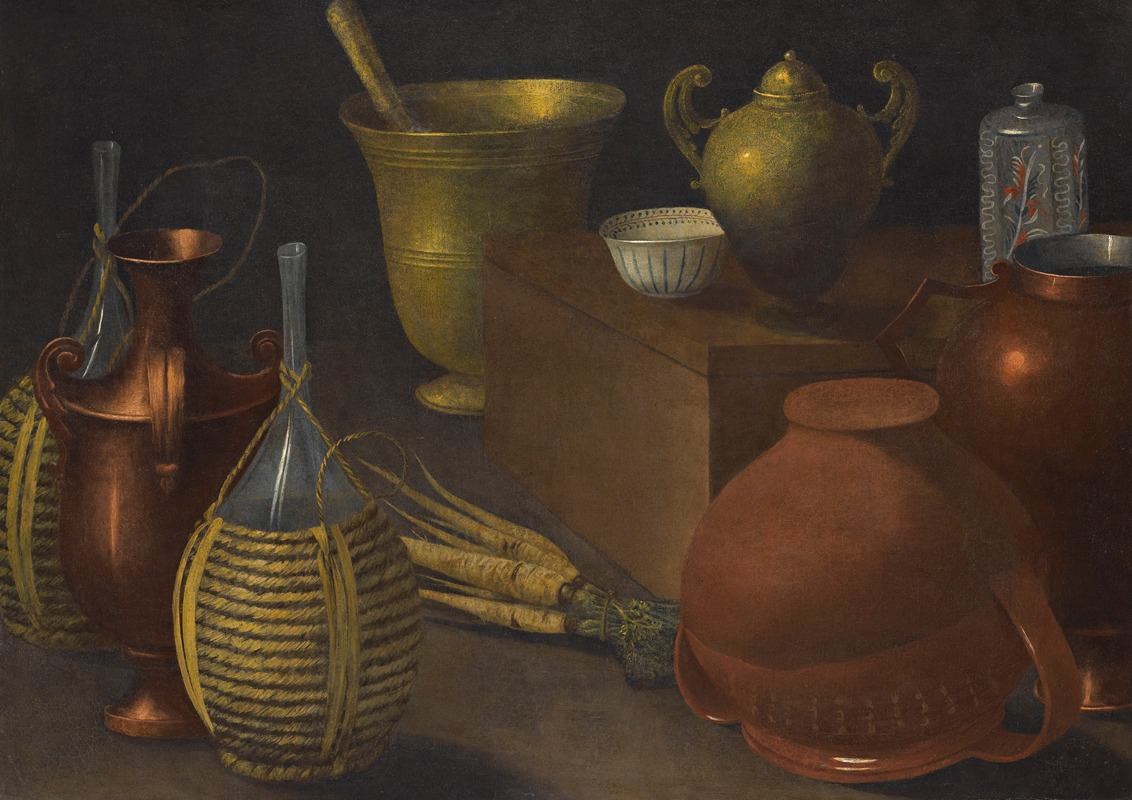 Rodolfo Lodi - A Still Life With Two Wicker Covered Glass Bottles, An Upturned Terracotta Pot, A Selection Of Other Vessels And A Bunch Of Carrots.