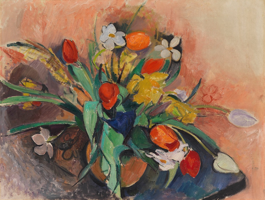 Vase Mit Tulpen Und Narzissen by - Artvee