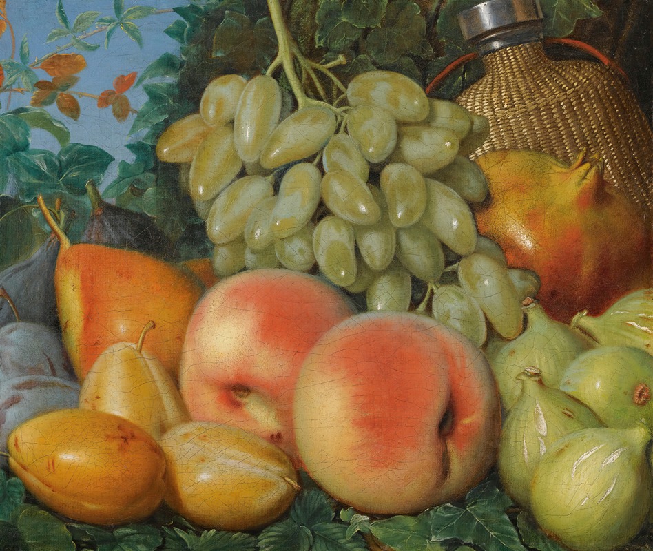 Spanish School - A Still Life With Figs, Plums, A Pear, White Grapes And A Flask