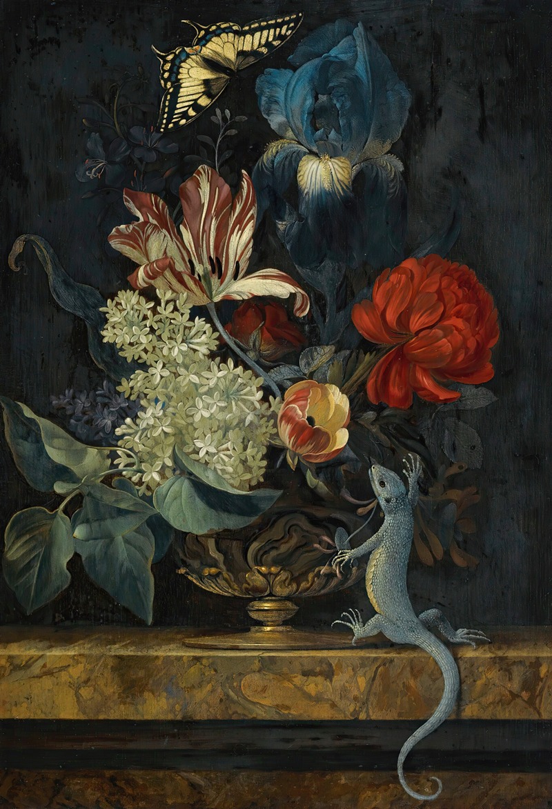 Willem van Aelst - A Still Life With Tulips And Other Flowers In A Vase On A Marble Ledge, With A Lizard And A Butterfly