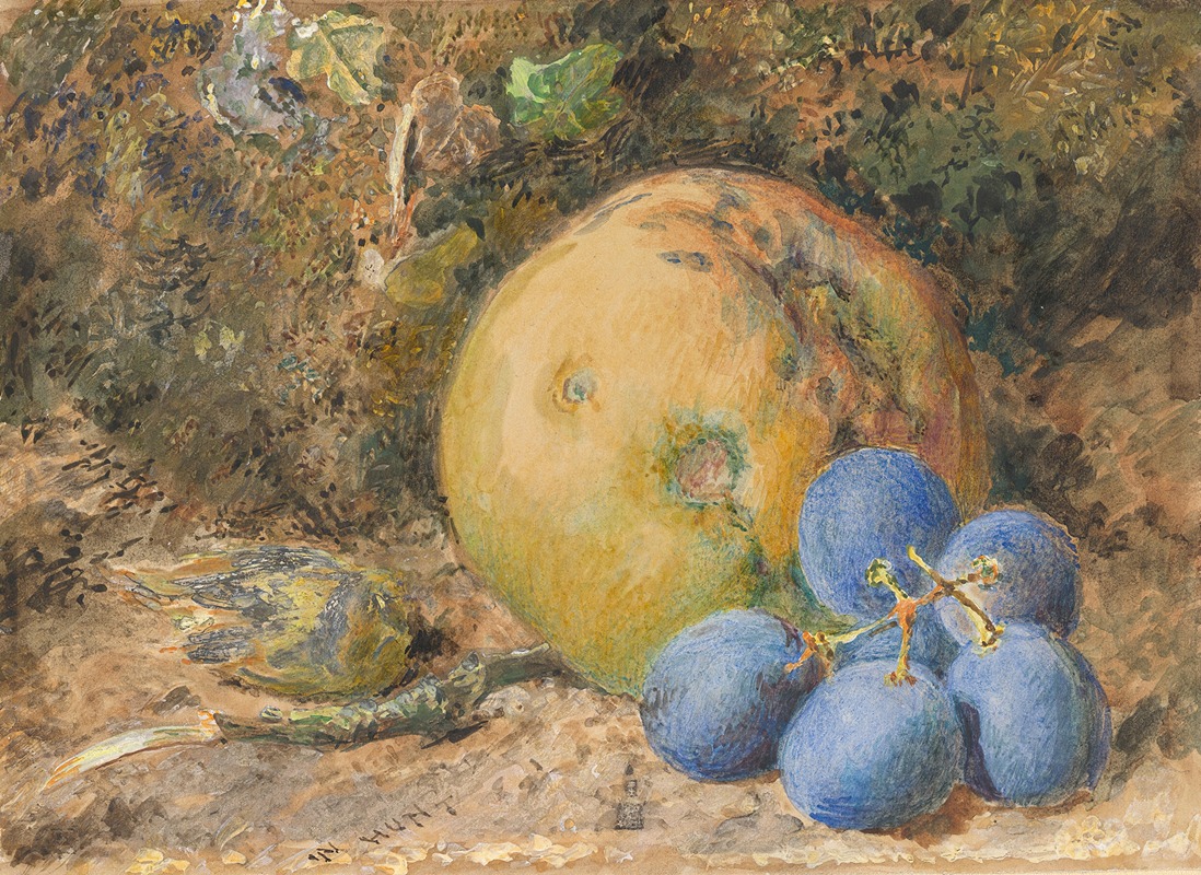 William Henry Hunt - An Apple, Grapes and a Hazelnut on a Mossy Bank