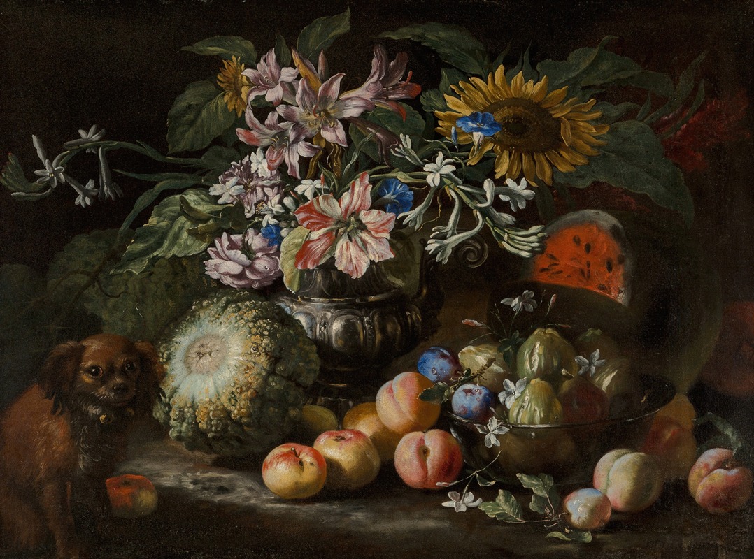 Abraham Brueghel - A still life of fruit and flowers in a footed gadrooned silver vase with a spaniel looking on