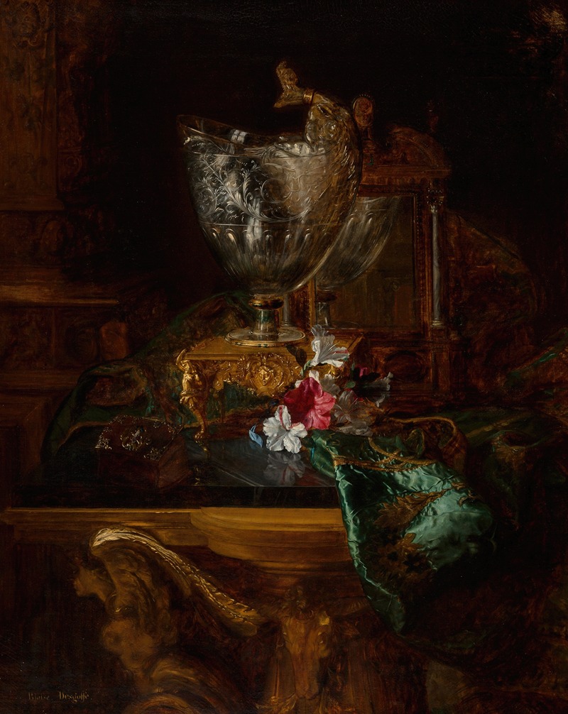 Blaise-Alexandre Desgoffe - A nautilus cup on a carved stand with a floral still life
