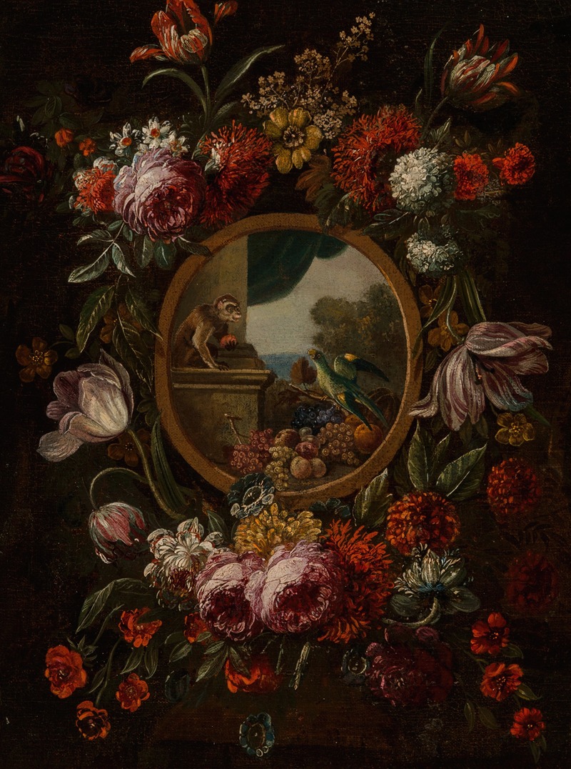 Circle of Karel van Vogelaer - A garland of flowers encircling a tondo with fruit, monkey and parrot