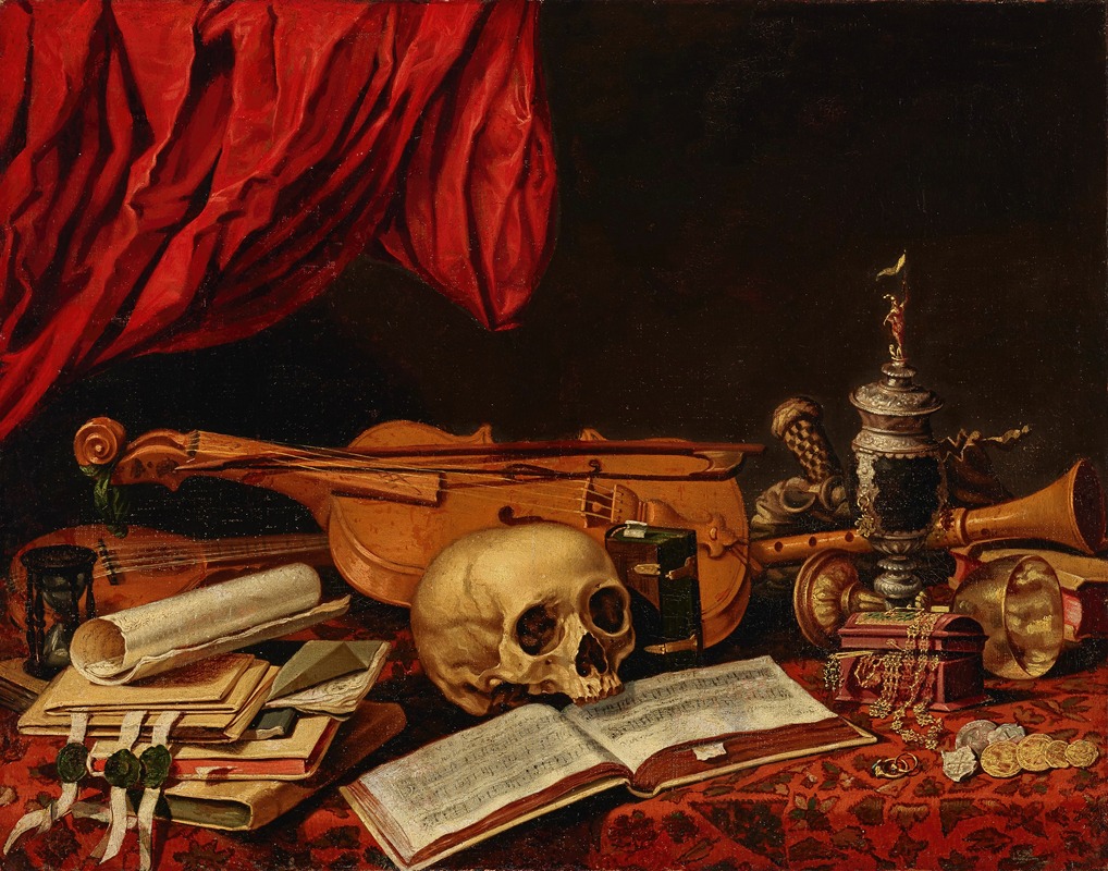 Dutch School - Musical instruments, books, an hourglass, a ewer and a skull on a table – a vanitas