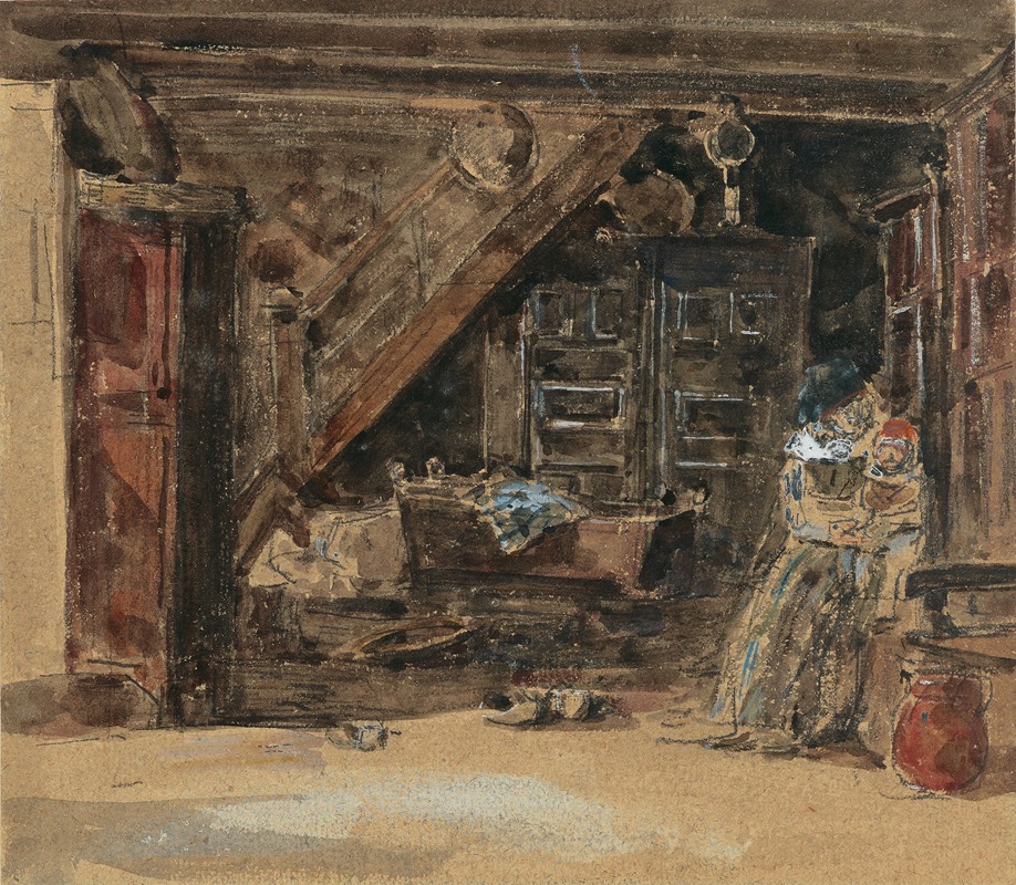 Eugène Boudin - Intérieur breton aquarelle