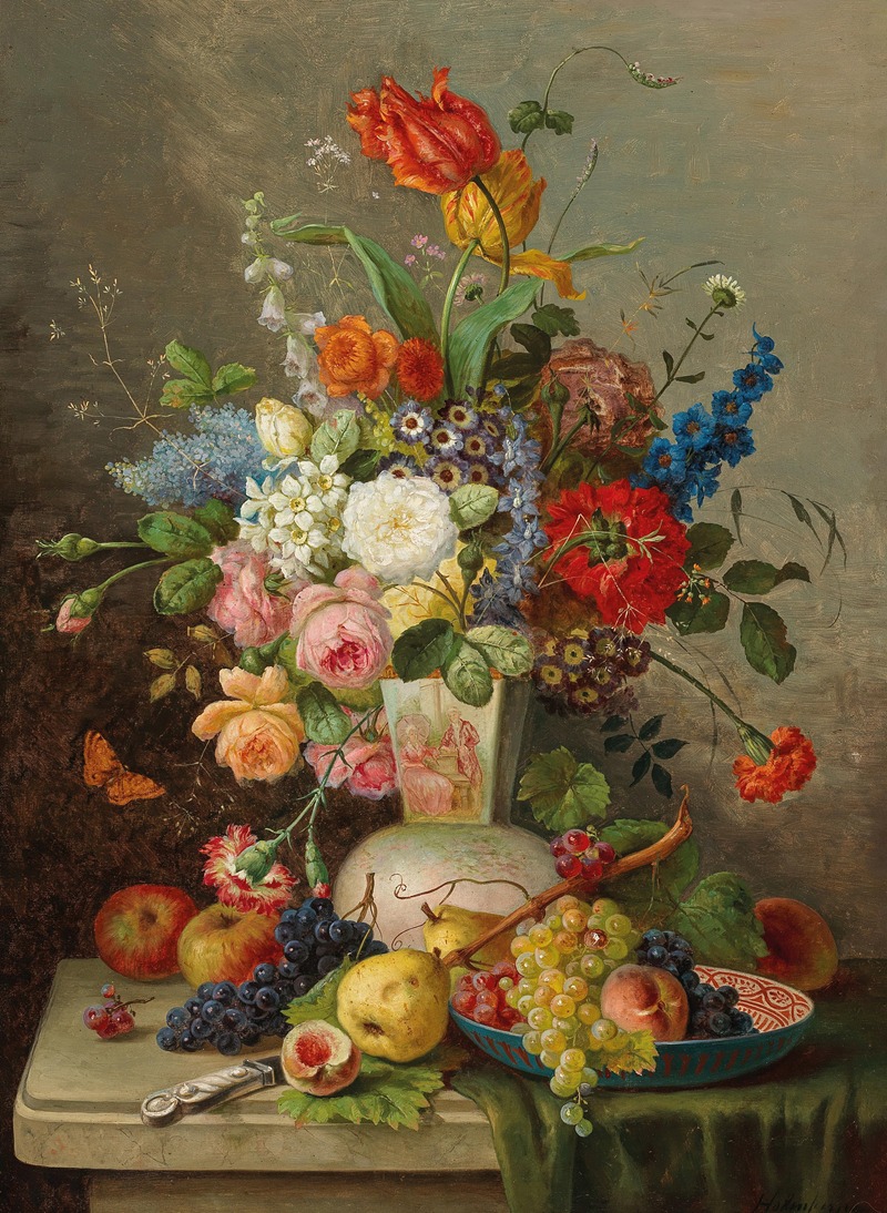 Franz Hohenberger - Großes Blumenstück mit Obst auf Steinplatte