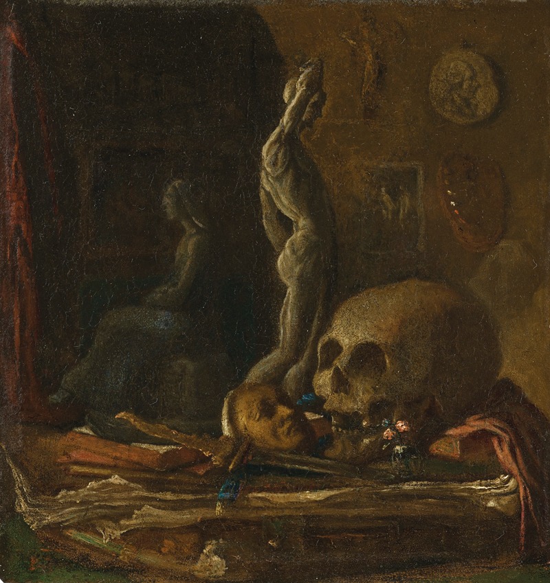 French School - A skull, mask, sword, statuette and book on a table in an artist’s studio oil on copper