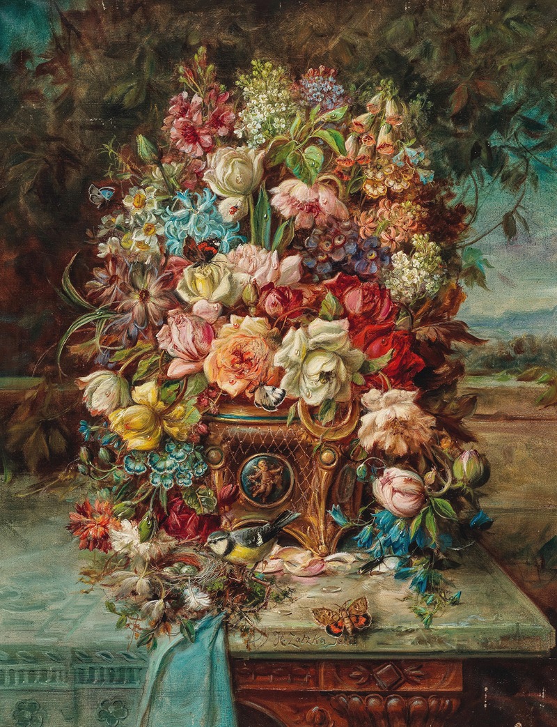 Hans Zatzka - Reiches Blumenstillleben mit Blaumeise vor einer weiten Landschaft