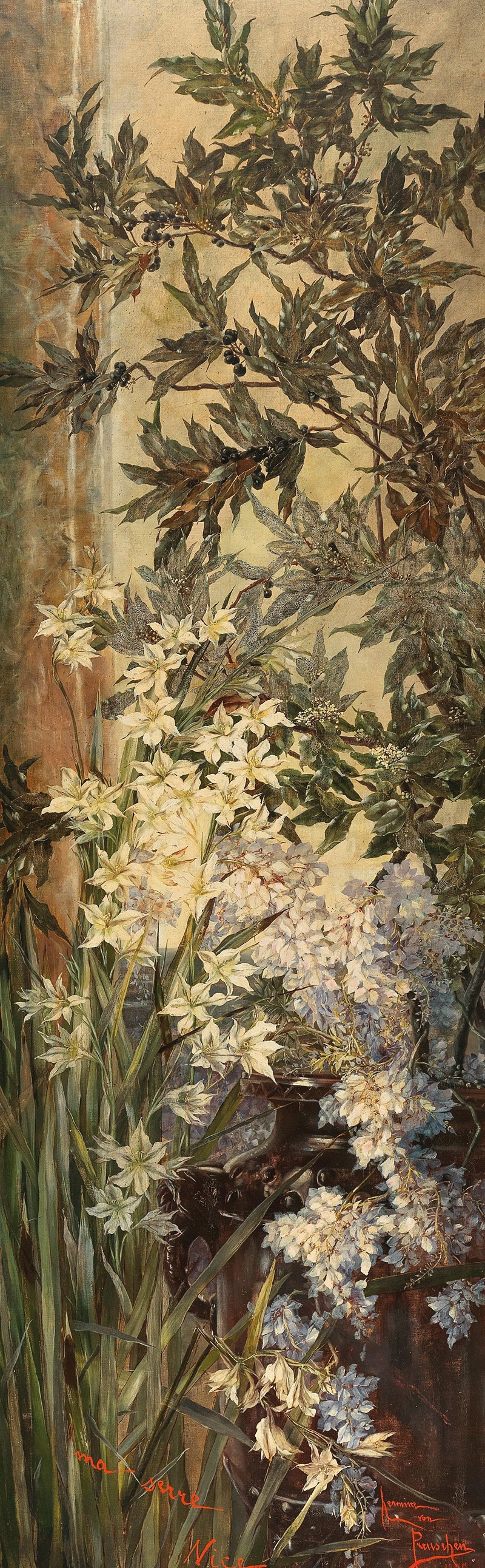 Hermione von Preuschen - ‘Ma serre Nice’, Lorbeerzweige und weiße Lilien in einem südlichen Gewächshaus