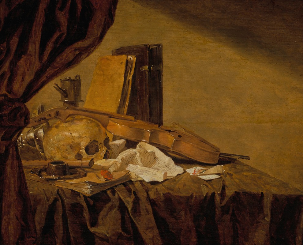 Jacques de Claeuw - A vanitas still life with a skull, musical instruments, books, playing cards, an ink pot, an overturned tazza and an oil lamp on a draped table