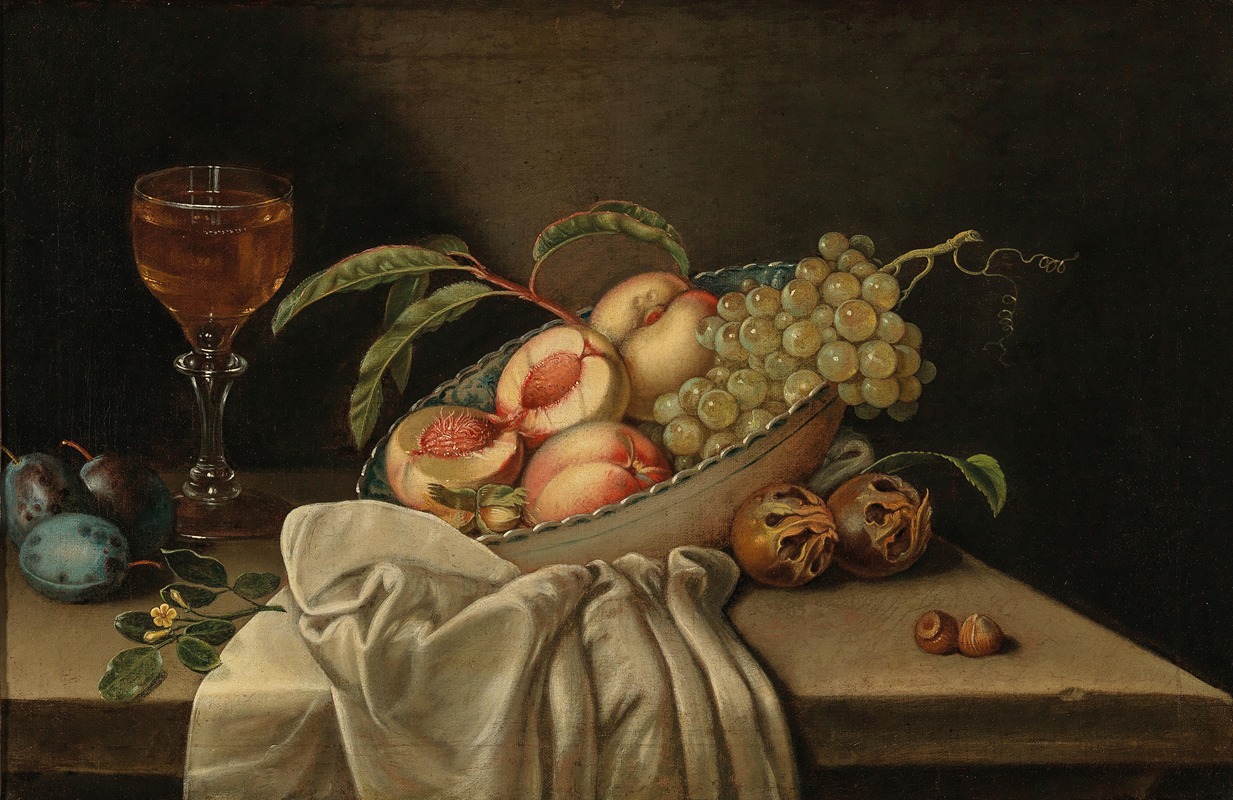 Jakob Samuel Beck - Mixed fruit in a bowl, a glass of wine and a cloth on a table