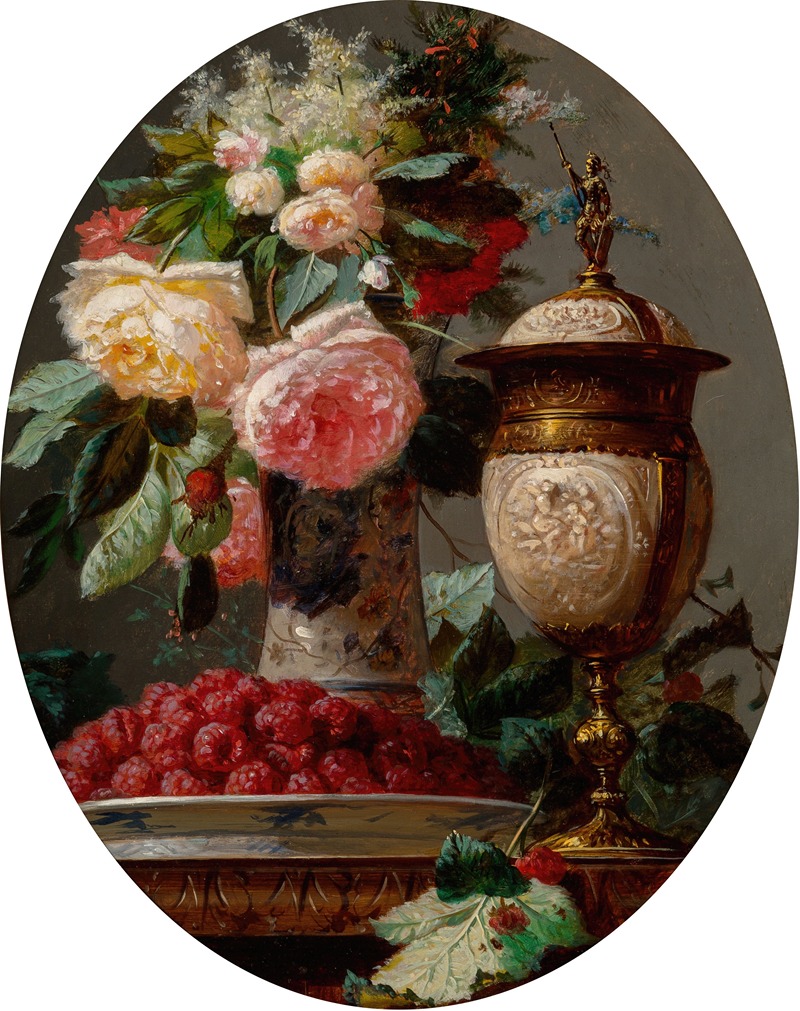 Jean-Baptiste Robie - Still life with roses and a bowl of raspberries with a silver-gilt ostrich egg cup