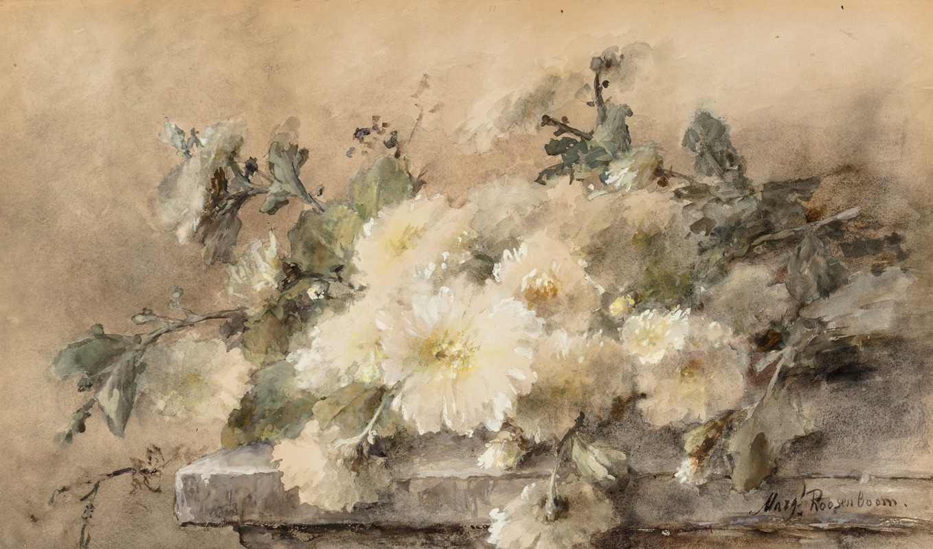 Margaretha Roosenboom - Spray of white chrysanthemums on a stone ledge