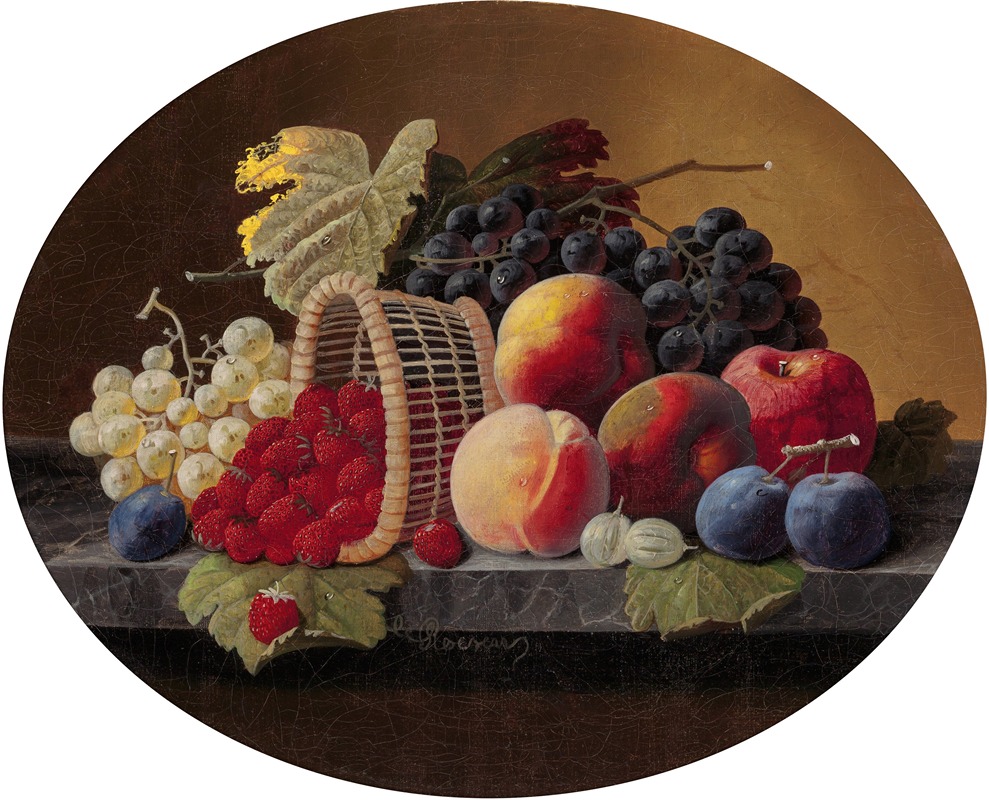 Severin Roesen - Still Life with Peaches, Grapes and Basket of Strawberries