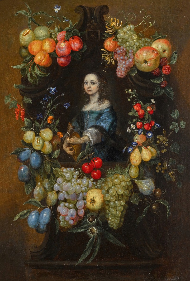 Catarina Ykens - A garland of fruit and flowers surrounding a portrait of a lady in a blue dress, holding a guitar