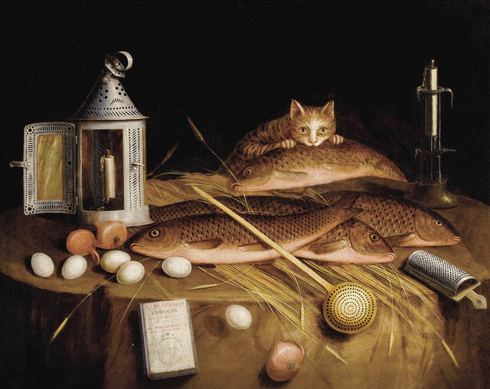 Circle Of Sebastian Stoskopff - Kitchen Still Life with Fish and Cat