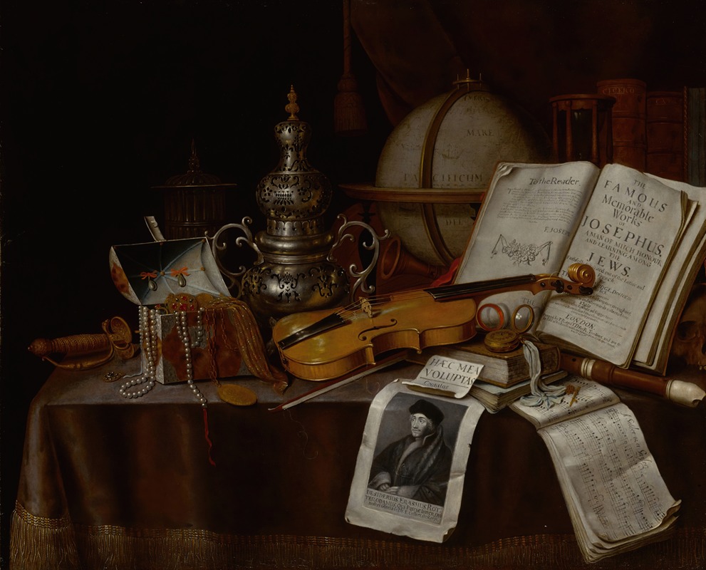 Edwaert Collier - Vanitas still life with a violin, silver incense burner, globe, sword, box of jewelry, and manuscripts