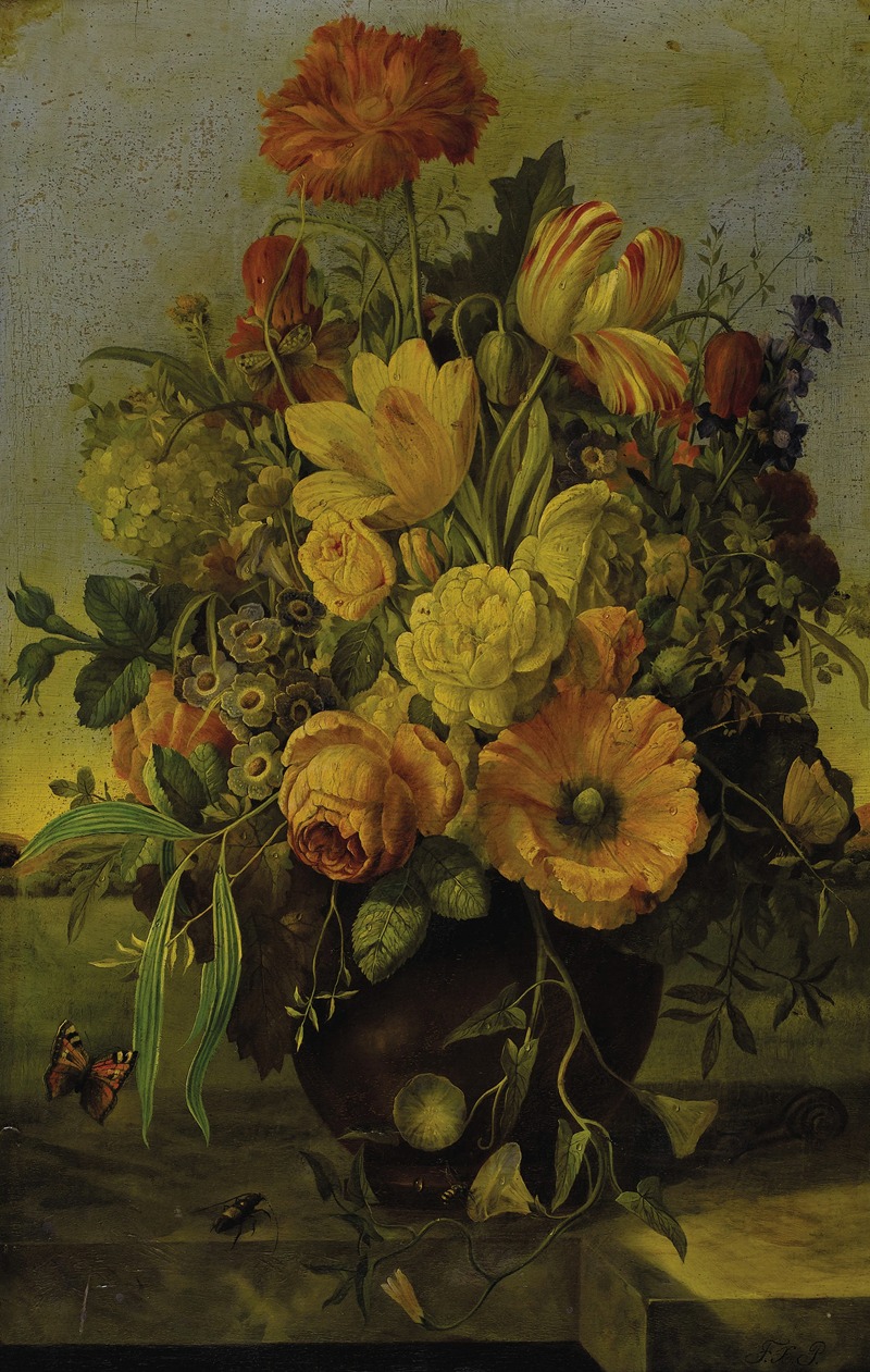Franz Xaver Petter - Elaborate Floral Bouquet on a Marble Ledge with a Landscape Beyond