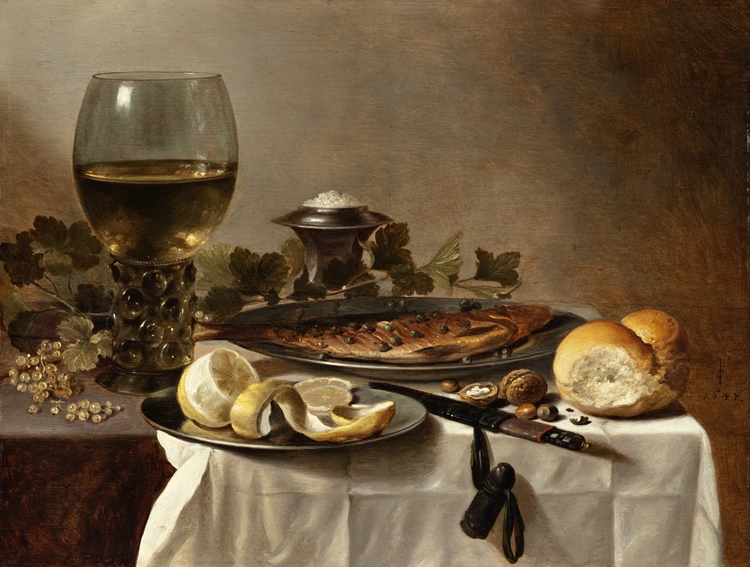 Pieter Claesz - Still Life with Herring, Wine and Bread