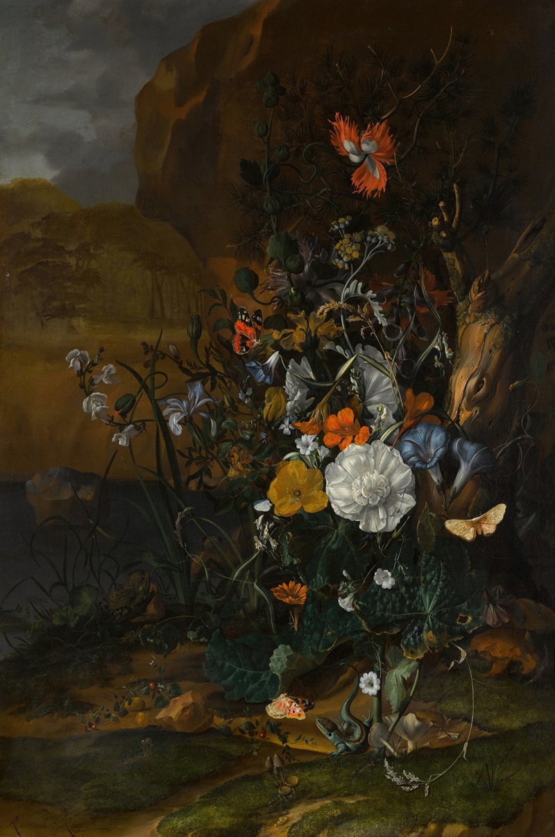 Rachel Ruysch - Still life of flowers, with butterflies, insects, a lizard and toads, beside a pool