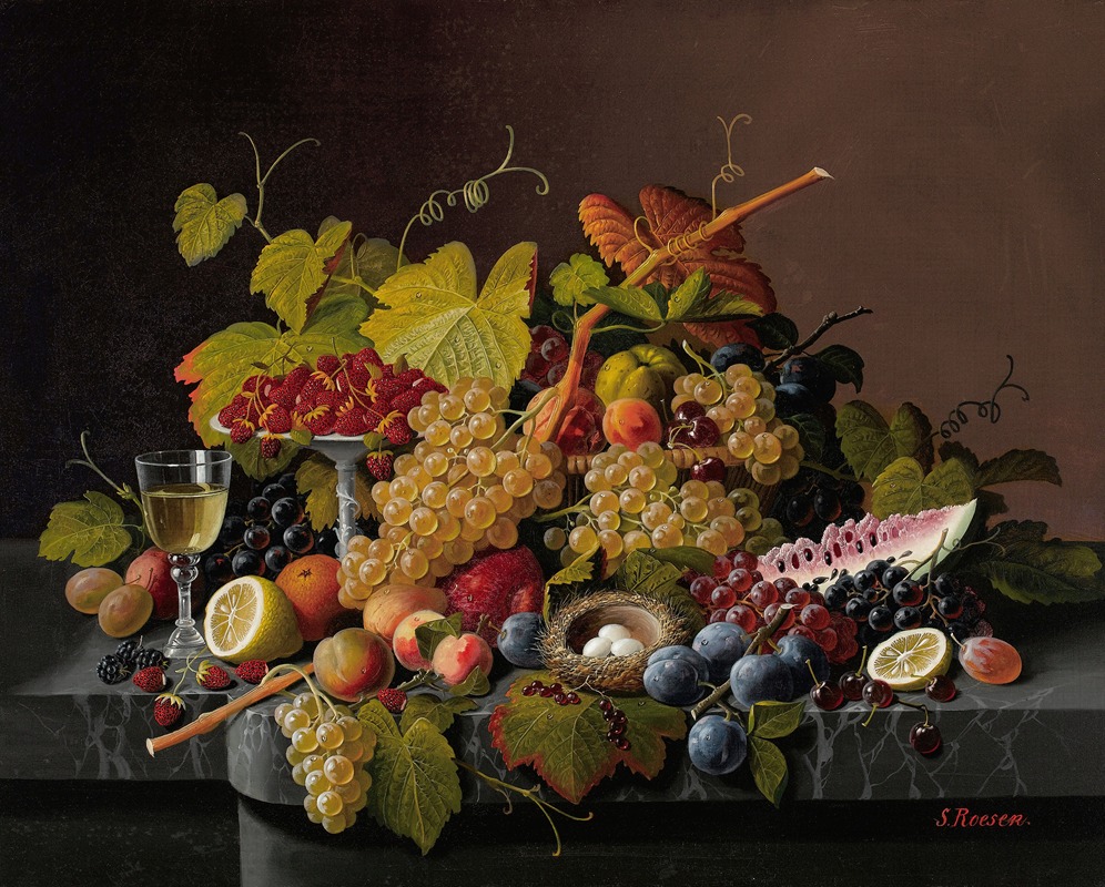 Severin Roesen - Still Life with Fruit and Bird’s Nest