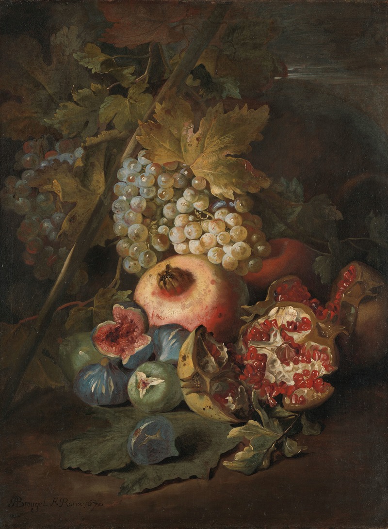 Abraham Brueghel - Bunches of Grapes, Pomegranates and Figs in a Landscape