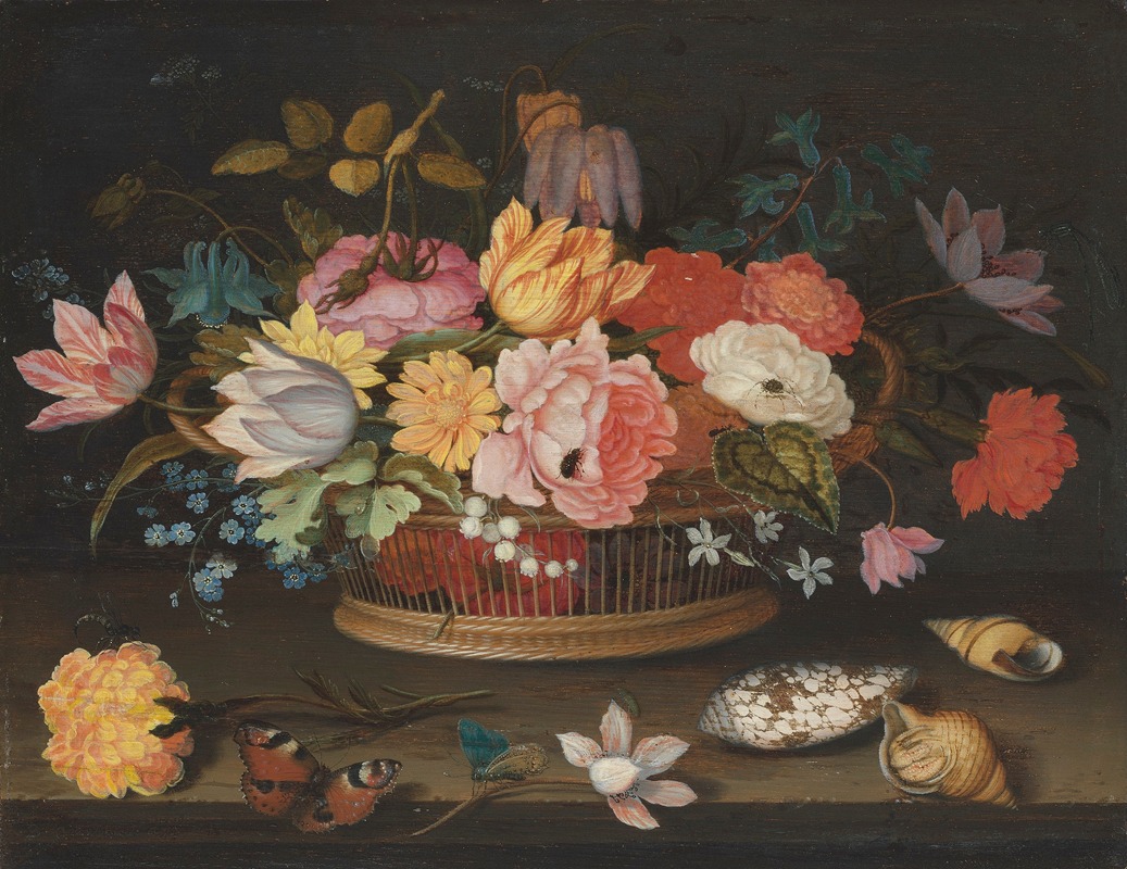 Balthasar van der Ast - Flowers in a wicker basket on a table
