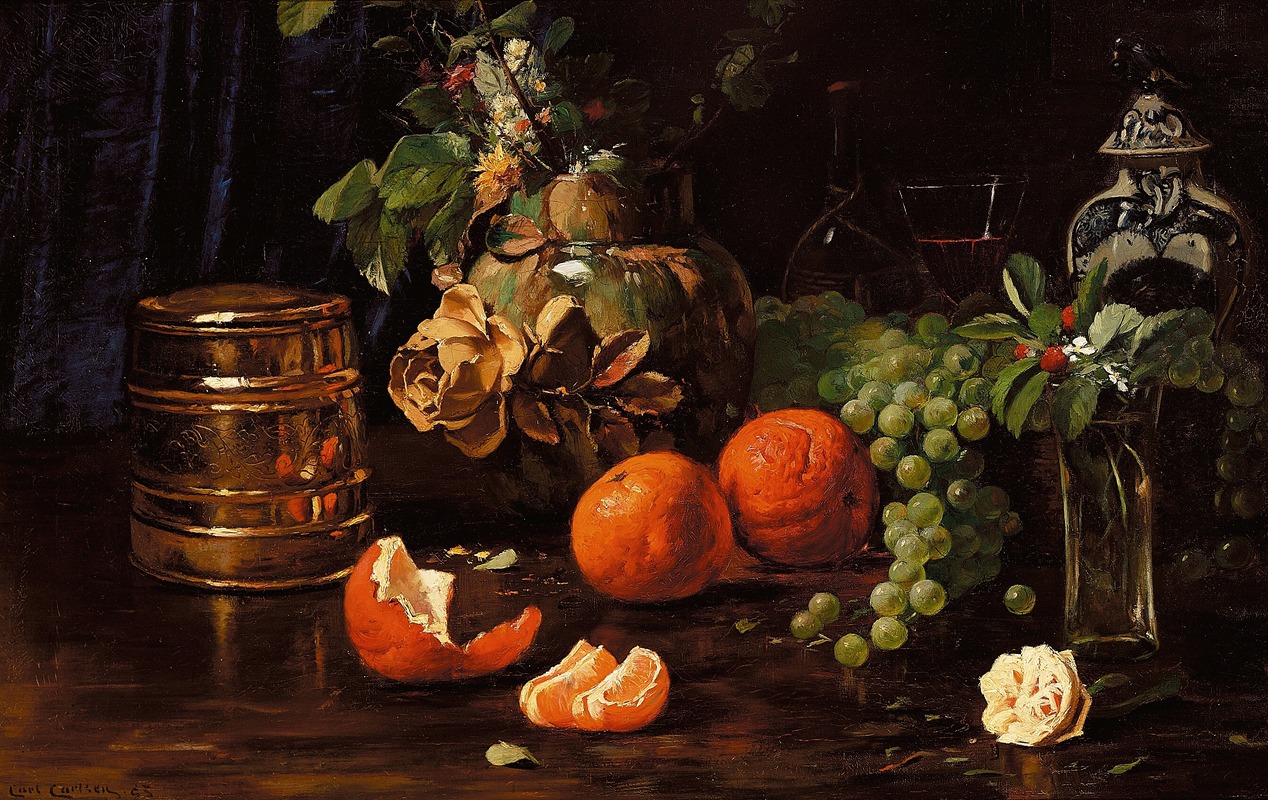 Carl Carlsen - Opstilling med appelsiner, druer, blomster og forskellige krukker