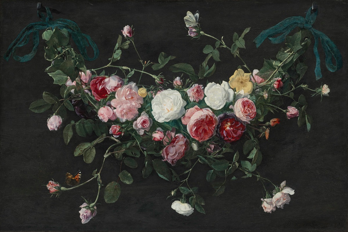 Daniel Seghers - A garland of roses and ivy suspended by ribbons, with a cabbage white and a tortoiseshell butterfly